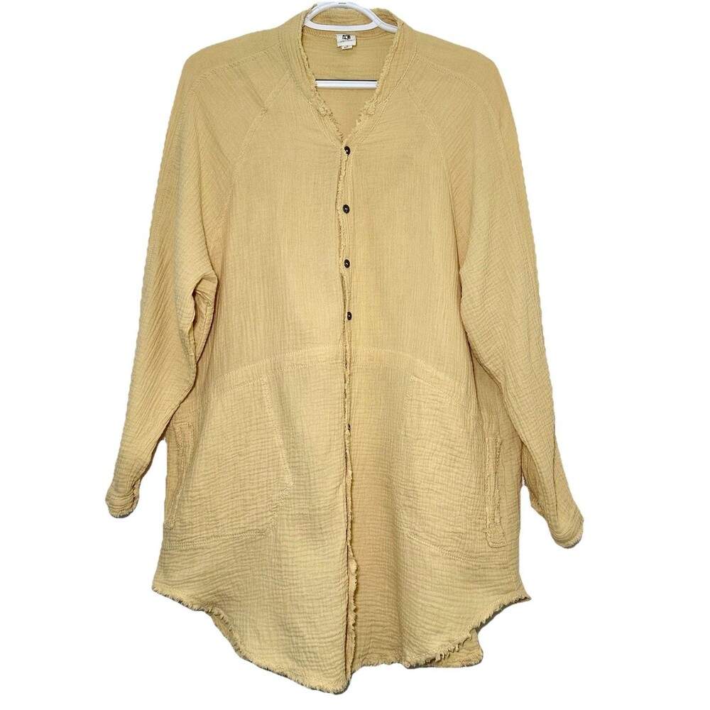 Flawless S Yellow Cotton Gauze Tunic Top Button Front Frayed Trim Pockets
